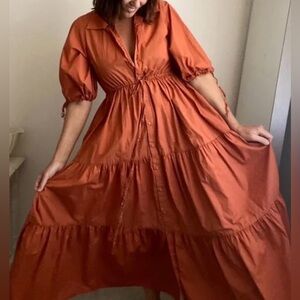 BAIIA Harlow Dress Women Medium Orange Terracotta Maxi Full button down cotton